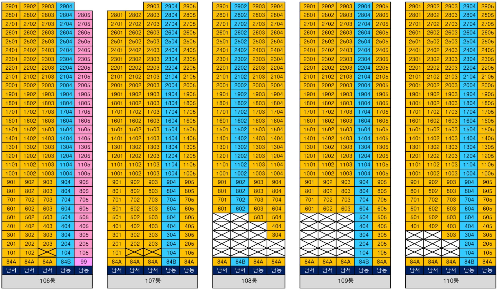 동호수배치도 106~110동